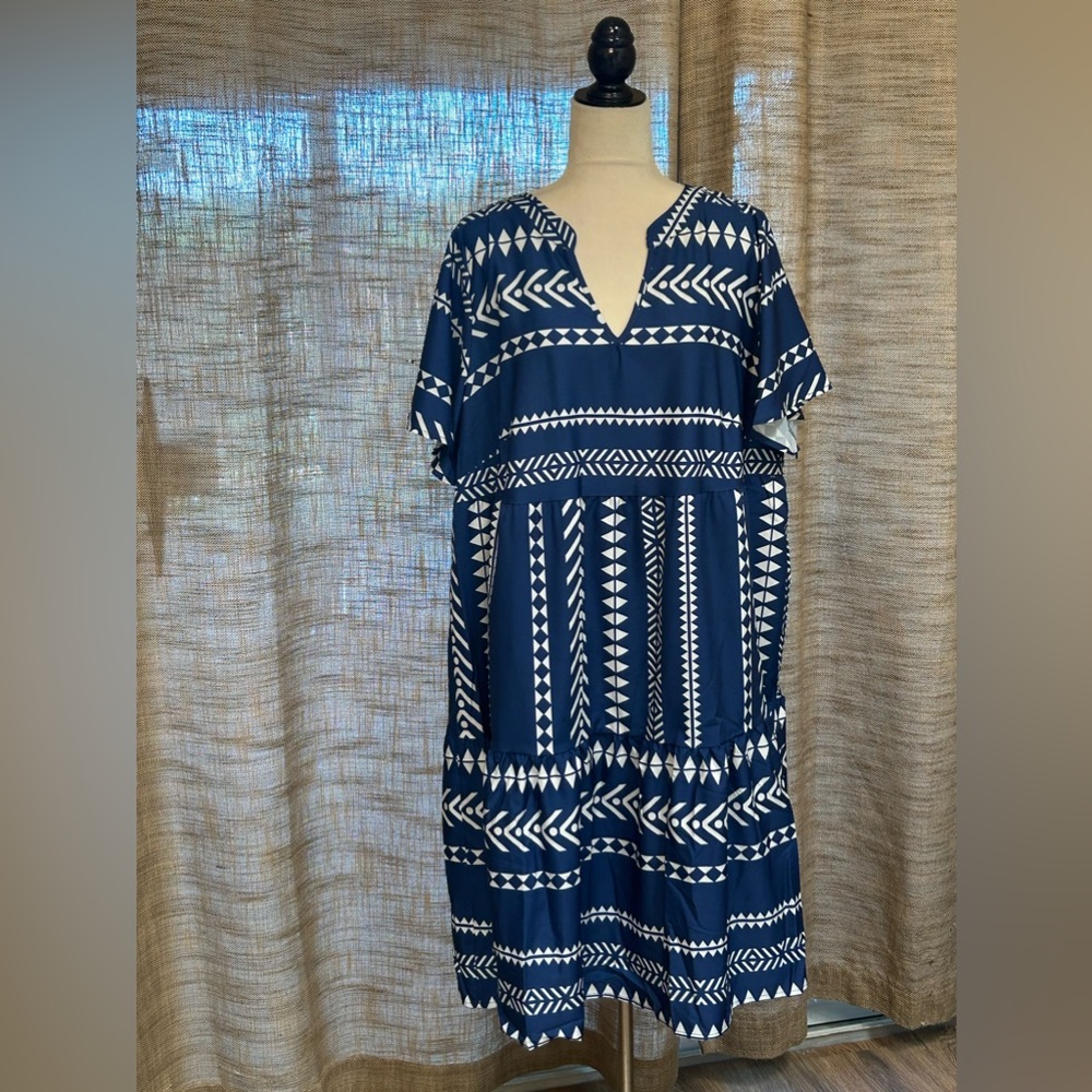 Bloom Chic 18/20W Blue & White Aztec Print Dress